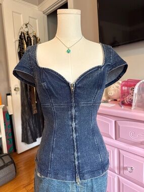 Urban Outfitters Dark Blue Denim Zip-Front Button Down Top